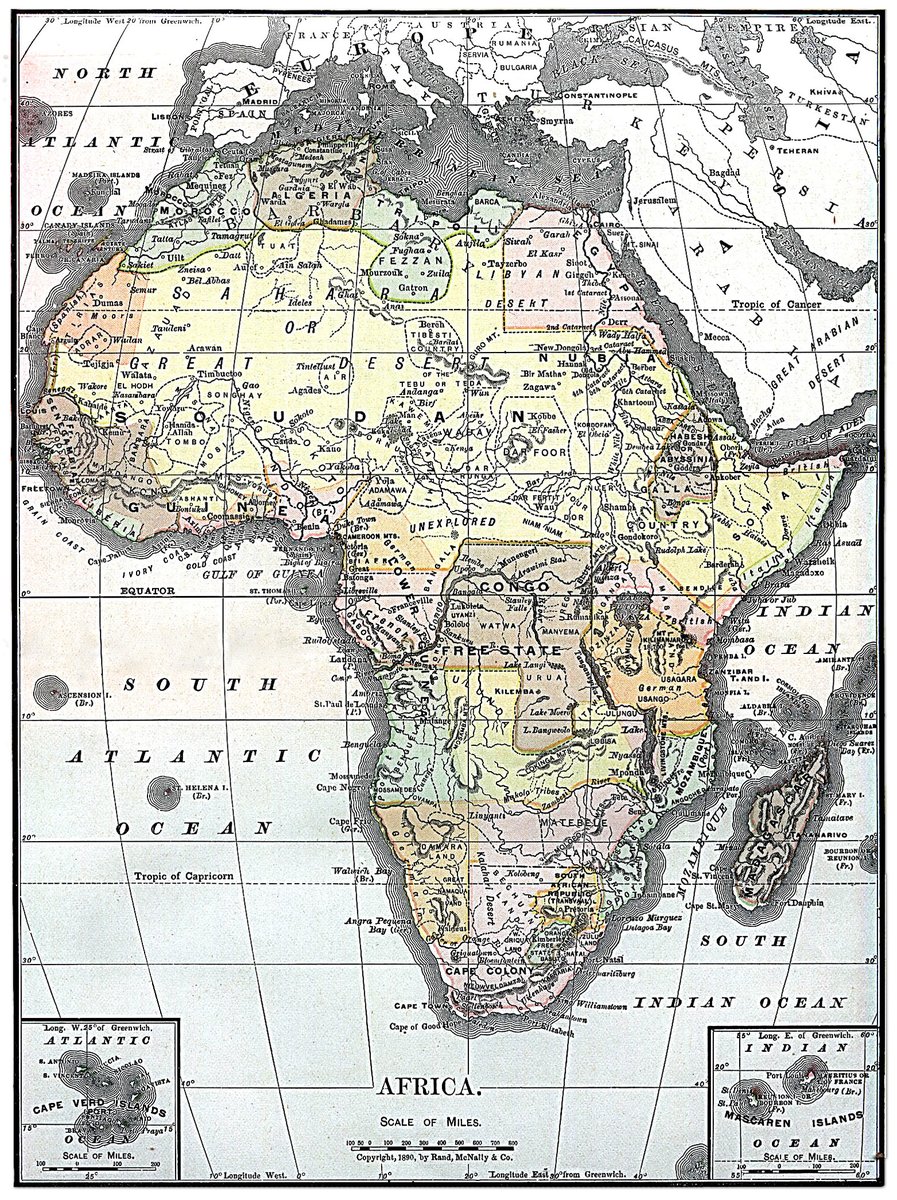 Carte ancienne de l'Afrique en couleurs, tirée d'une encyclopédie de 1890