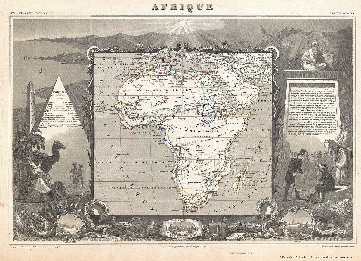Carte ancienne de l'Afrique entourée de gravures, atlas de Victor Levasseur