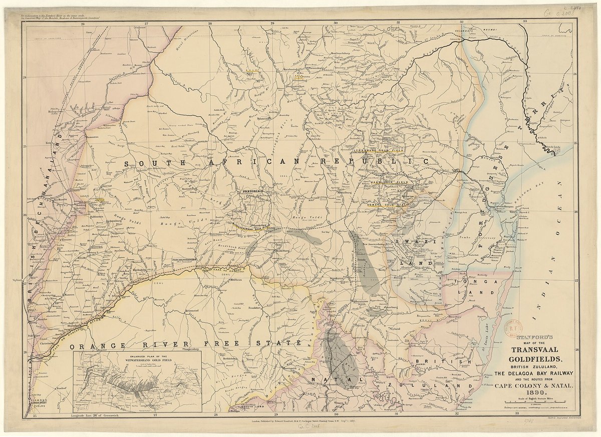 Carte ancienne des champs aurifères du Transvaal, avec les voies ferrées vers la baie de Delagoa
